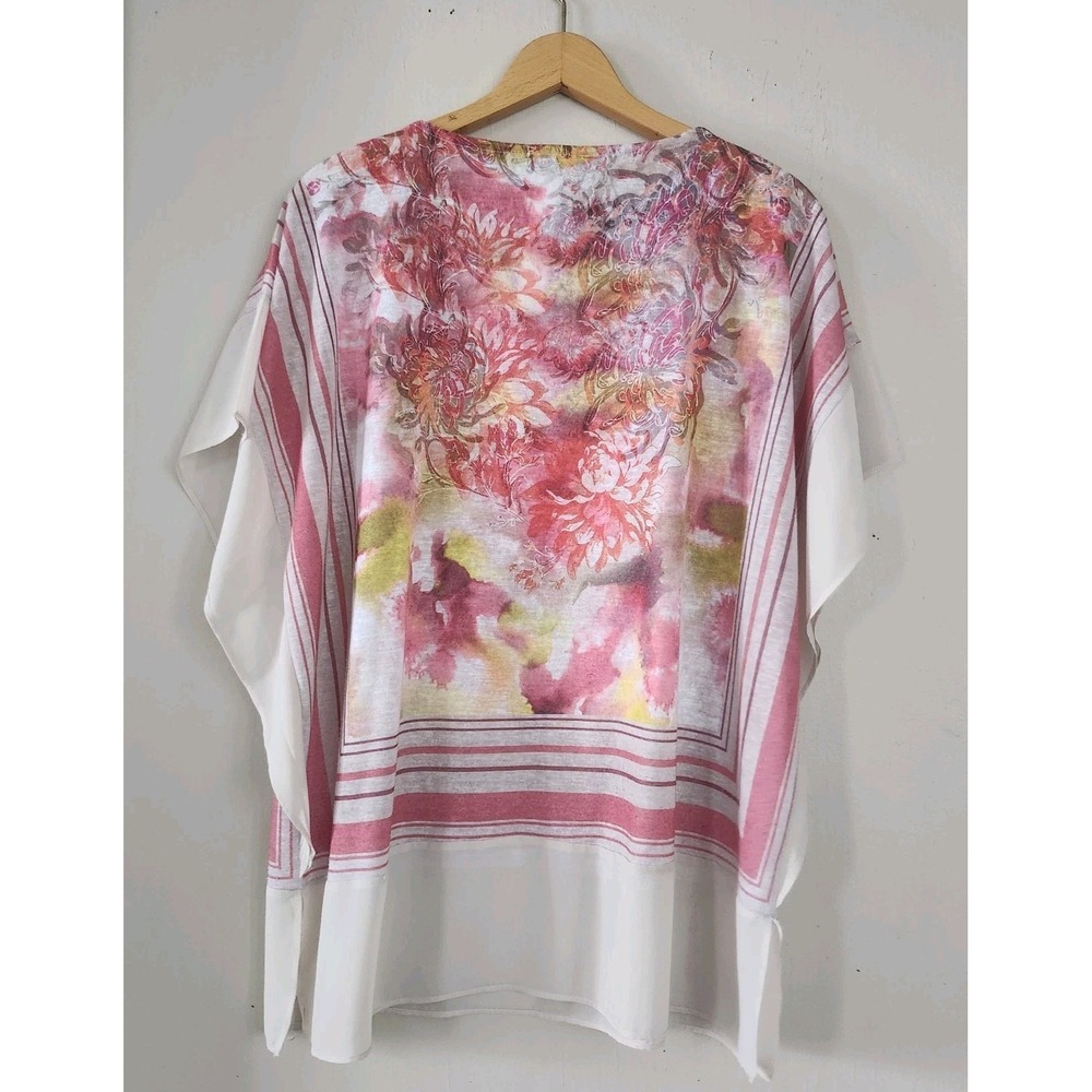 Chico's Tunic Top sz 3 XL Sheer Trim Floral Kimono Sleeve Poncho Blouse 16 18 - Picture 3 of 4